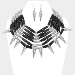 Black & Silver Wooden Spike Necklace Set Beaded Statement Jewelry Accessories